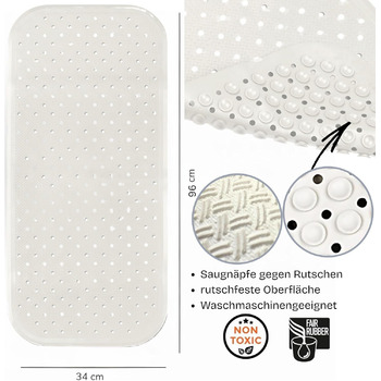 Килимок для ванни XL з протиковзким покриттям 96x34 см, без пластику, натуральний каучук FSC, 100 без BPA та ПВХ, підкладка для ванни кольору перлинно-білий, білий, перлинно-білий XL
