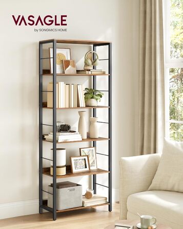 Рівнева книжкова полиця, полиця для зберігання, 30 x 60 x 178 см, із задніми панелями, для вітальні, кабінету, домашнього офісу, промисловий дизайн, вінтажний коричнево-чорний колір LLS118B01 6 рівнів (60 см), 6-