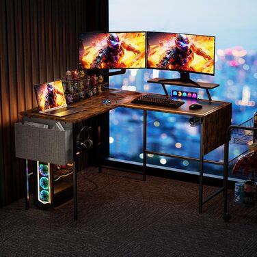 Ігровий стіл із розумним світлодіодним освітленням, L-подібний стіл із подовжувачем для домашнього офісу, кутовий стіл 120-150 см з розеткою, сумка для зберігання, підставка для монітора, вінтажний коричневий колір