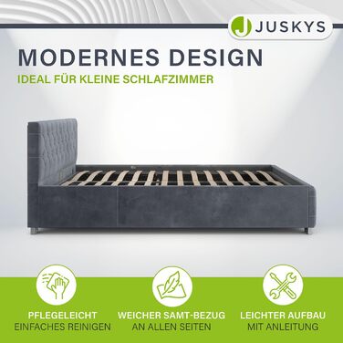 Ліжко Juskys Nice з м&39якою оббивкою 120x200 см, оксамитове, з місцем для зберігання, світлодіодним освітленням та рейковою основою - стьобане узголів&39я та честерфілдська стьобана тканина - каркас ліжка - сірий 120 x 200 см