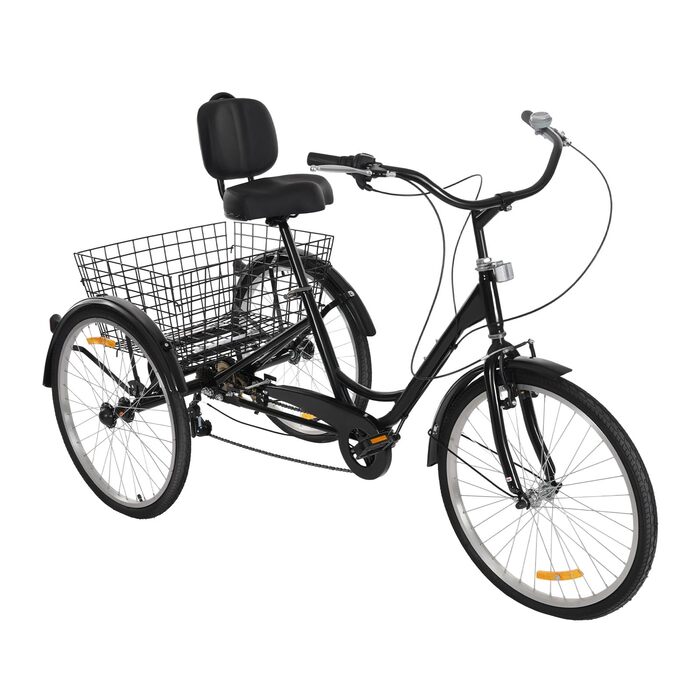 Дюймовий триколісний велосипед для дорослих, 7-швидкісний 3-колісний триколісний велосипед для покупок з кошиком, регульованим сидінням, міський велосипед, велосипед для відпочинку, триколісний велосипед для покупок для старших (чорний), 24-