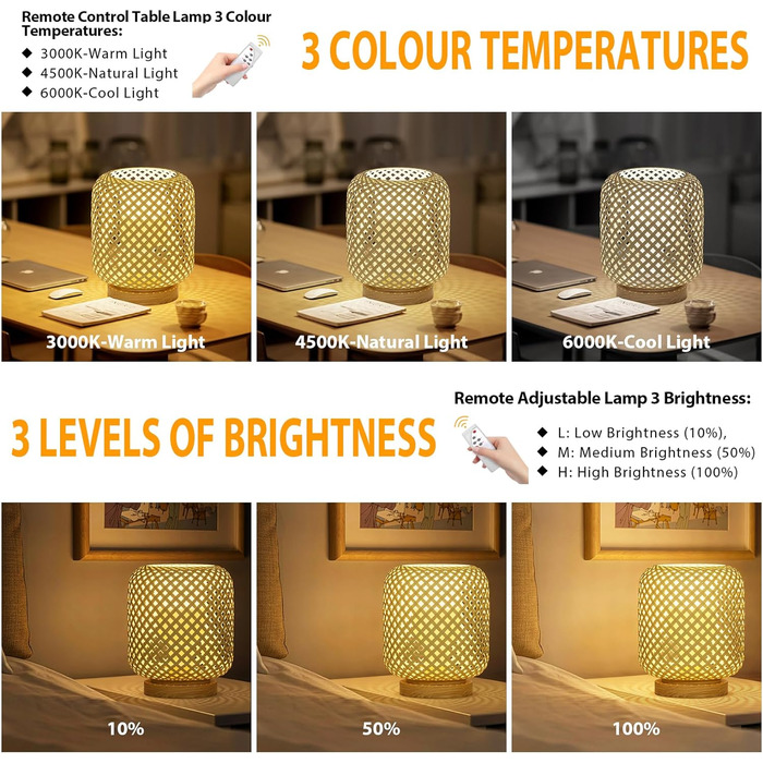 Настільна лампа Klighten з 2 предметів Ротанг з можливістю затемнення в інтер'єрі з натурального бамбука та дерева з акумуляторною