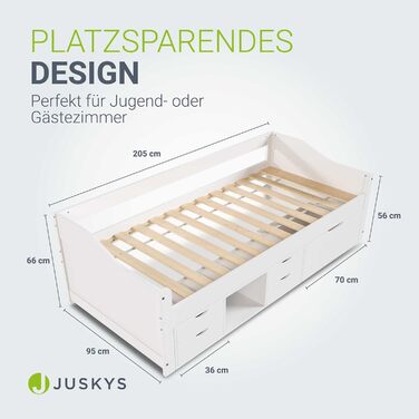 Функціональне ліжко Juskys Nalu 90x200 см - Дерев&39яне ліжко з рейковою основою та шухлядами - Ліжко з місцем для зберігання речей для дітей - Дитяче ліжко, Дитяче ліжко, Гостьове ліжко - Біле