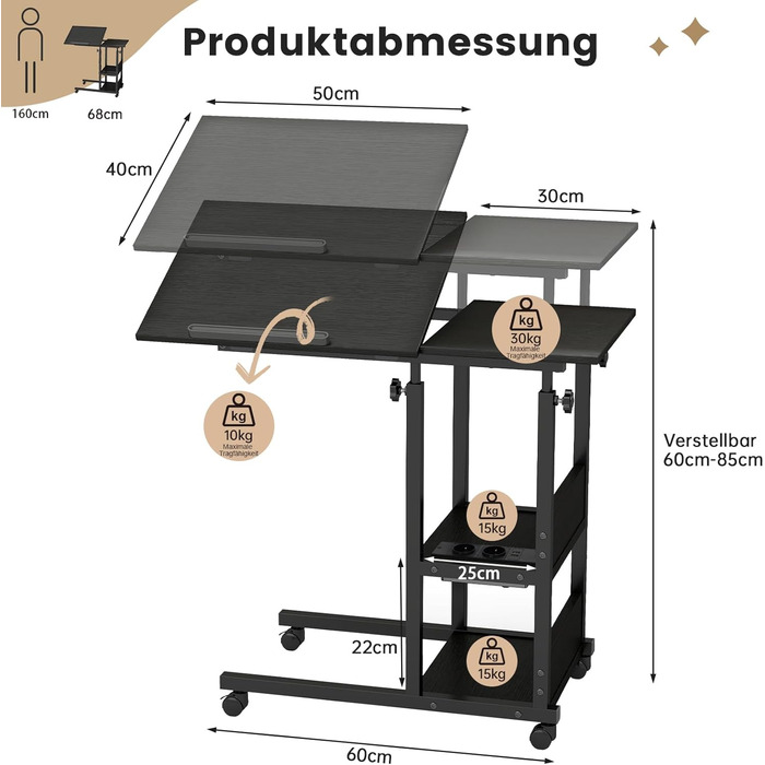 Приставний столик Hadulcet, С-подібний приставний столик з колесами, регульована стільниця, журнальний столик з розеткою, регульований по висоті диванний столик, столик для ноутбука для вітальні та спальні, чорний