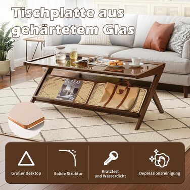 Скляний журнальний столик, 120 x 56 x 44 см, сучасний прямокутний журнальний столик, що підходить для вітальні, квартири та тераси, темний горіх