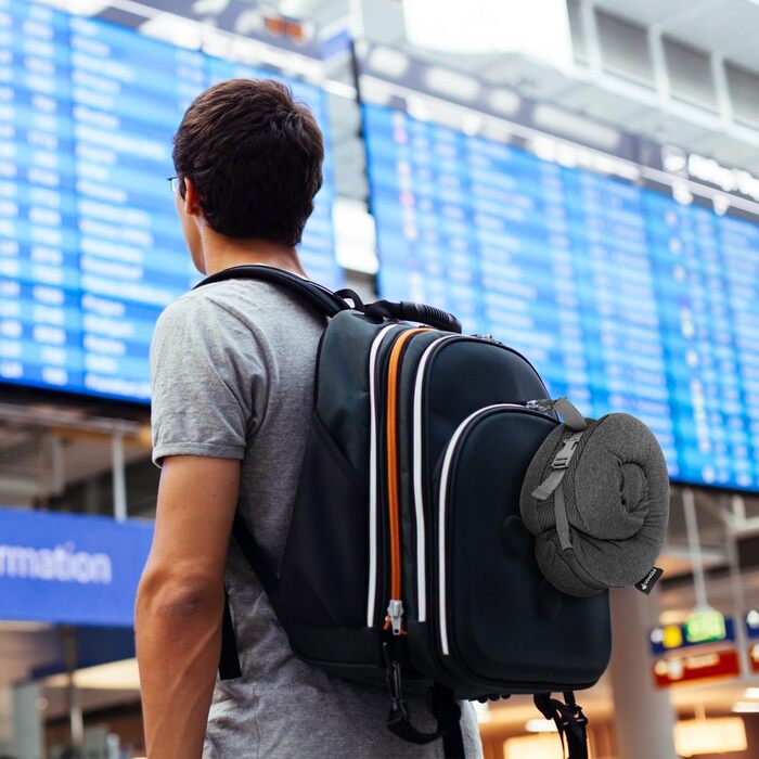 Дорожня подушка Fosmon з берушами, м&39яка зручна дорожня подушка з піни з ефектом пам&39яті для підтримки голови та підборіддя, 100 бавовна, чохол, який можна прати в пральній машині, для подорожей - темно-сірий/чорний (сітка)