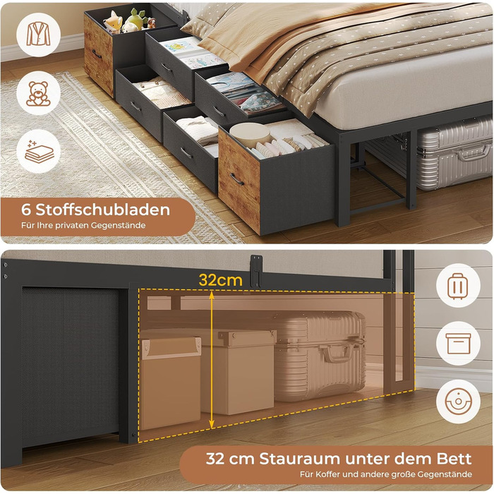 Ліжко 140x200 з місцем для зберігання речей, диван-ліжко з вбудованою книжковою полицею та 6 шухлядами, дитяче ліжко зі світлодіодним освітленням та зарядною станцією, гостьове ліжко, кушетка, каркас ліжка з рейковою основою (вінтажний коричневий, 140x200