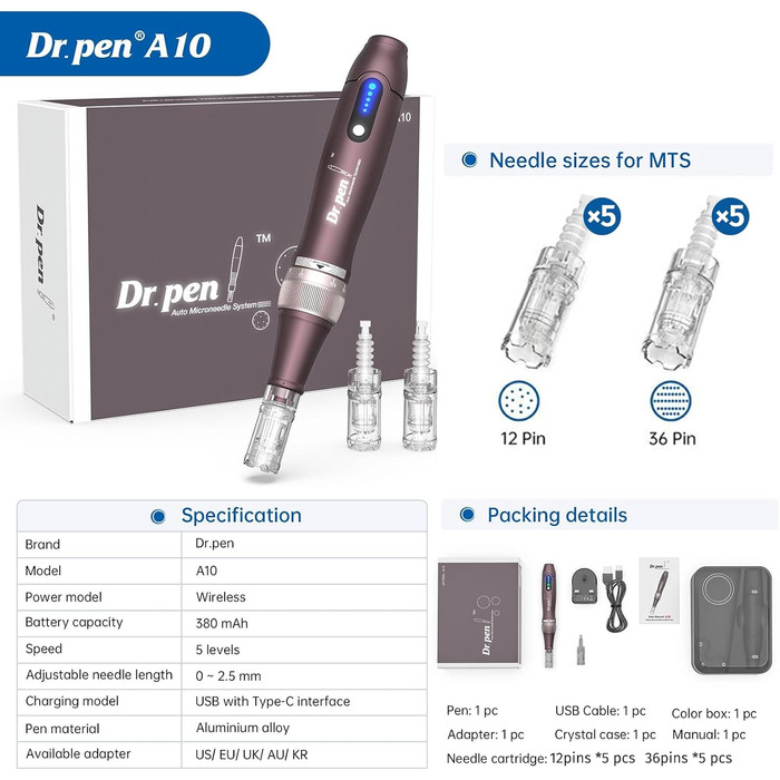 Електрична дерма-ручка A10 з РК-дисплеєм та 5 рівнями, вкл. 10 картриджів з голками Регульована 0-2,5 мм Бездротова мікроголкова дерма-ручка для шкіри обличчя