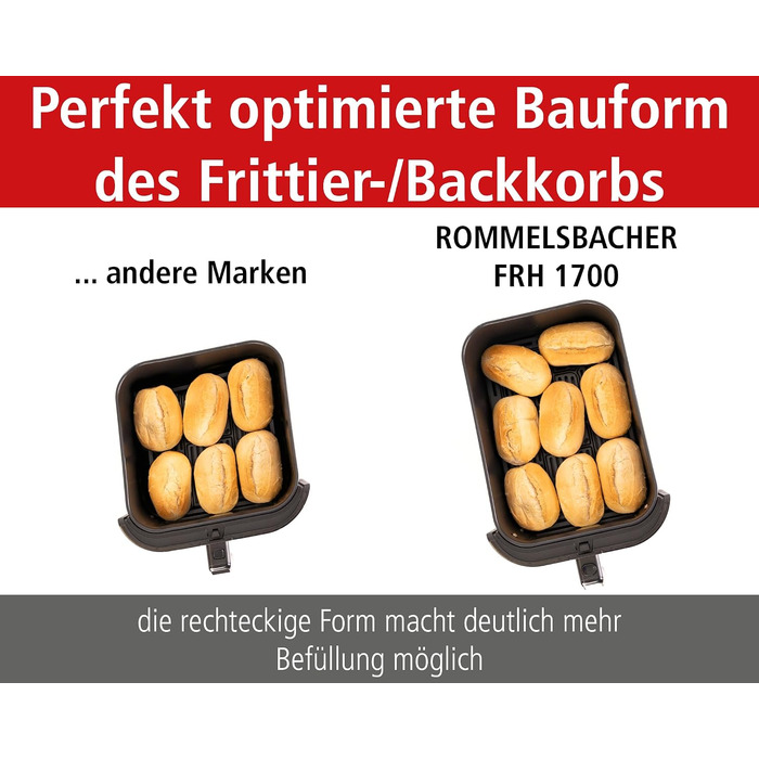 Аерофритюрниця ROMMELSBACHER FRH 1700, XXL-чаша 8 л (21 x 30 см) для 1 кг картоплі фрі, тихий режим 45 дБ(А), 10 програм, 60-200 C, велике вікно з підсвіткою