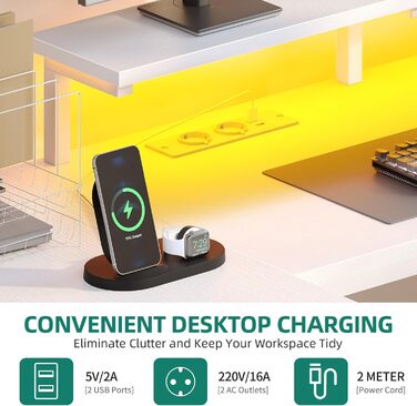 Кутовий стіл YITAHOME з 4 шухлядами та місцем для зберігання, ігровий стіл зі світлодіодним освітленням та підставкою для монітора для домашнього офісу, двосторонній кутовий стіл з 2 розетками та 2 портами зарядки USB, 158 см, білий 158 x 100 x 90 см