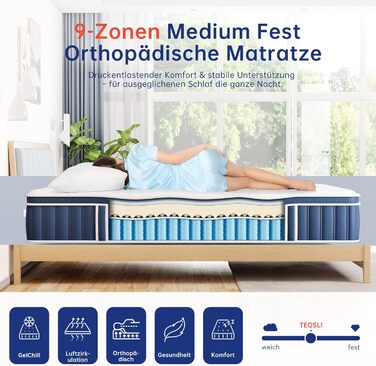 Матрац TeQsli з гелевим пружинним покриттям 140x200 см Висота 25 см Гелевий пружинний матрац з піною з ефектом пам&39яті для зняття тиску, ортопедичний та ергономічний 9-зонний матрац, сертифікований H3, Oeko-Tex та CertiPUR 25 см 140x200x25 см