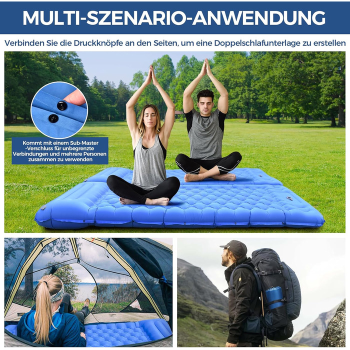 Килимок для сну NAPASA, потовщений надувний матрац 14 см із вбудованим насосом для ніг та подушкою, водонепроникний, килимок для сну з антипіреновим покриттям для походів, пляжу, подорожей, намету (синій) 3 шт. нашивки - синій