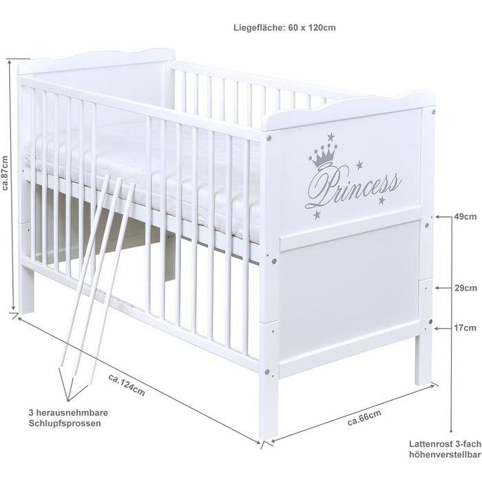 Дитяче ліжечко, розкладне ліжечко, дитяче ліжко Princess 60x120 біле, з прорізувачами