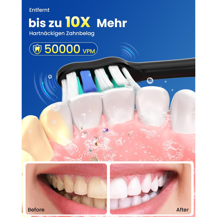 Електрична звукова зубна щітка для дорослих та дітей, 5 режимів чищення з 3 рівнями інтенсивності, 8 змінних насадок та дорожній футляр, акумуляторна зубна щітка (, в упаковці) Чорна