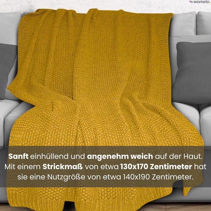 В&39язана м&39яка ковдра Wometo 140x190 жовта гірчиця жовтий каррі - в&39язана ковдра OekoTex тепла м&39яка ковдра з елегантним та простим в&39язаним візерунком