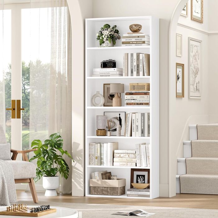 Книжкова полиця FirFurd, дерев&39яна полиця з 6 відділеннями, полиці, книжкова шафа, полиця для зберігання для вітальні, кабінету, виготовлена з дерева, 180 x 60 x 23,5 см, білий