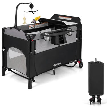 Дитяче ліжечко COSTWAY 5-в-1 120 x 60 см, 2-рівневе дорожнє ліжечко з матрацом, пеленальний килимок, іграшки, музична скринька та сумка для перенесення, складне бічне ліжко, мобільне, 4-рівневе регулювання для дітей вагою до 15 кг (чорне)