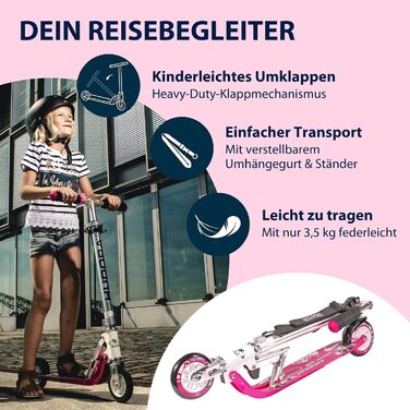 Дитячий самокат HUDORA BigWheel 125 надійний алюмінієвий міський самокат, складаний, з регулюванням висоти, витримує до 100 кг, з ременем для перенесення, рожевий