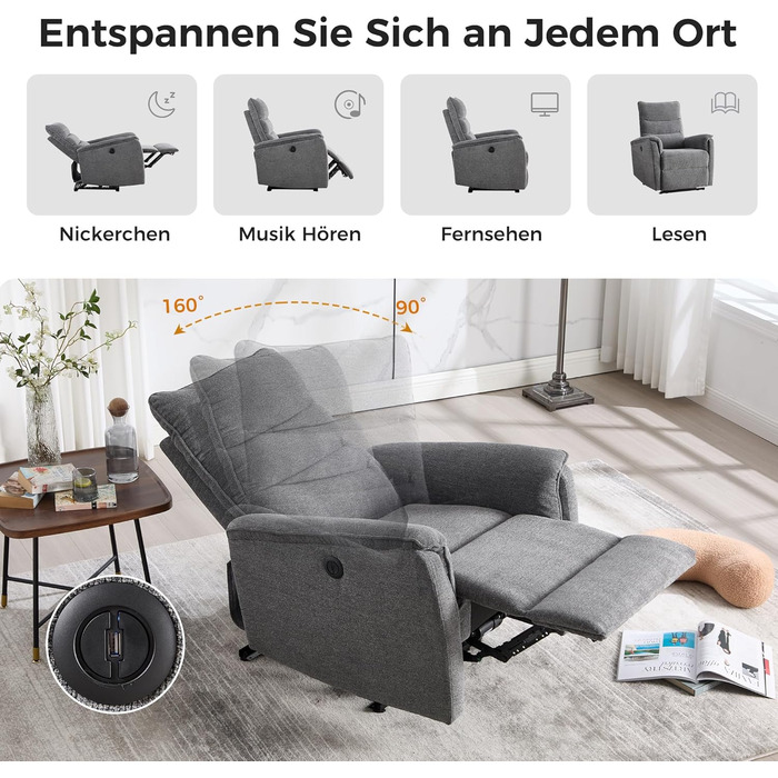 Електричне крісло-реклайнер для телевізора EBELLO з функцією відкидання, крісло для телевізора у вітальні, витримує до 150 кг, одне крісло-реклайнер для вітальні, темно-сірий 1 темно-сірий