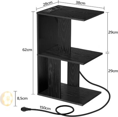 Журнальний столик із зарядною станцією, С-подібний приставний столик із сенсорним світлодіодним підсвічуванням, що перезаряджається, приставний столик до дивана з полицями, тумбочка для спальні, вітальні, чорний AETHB18UE01