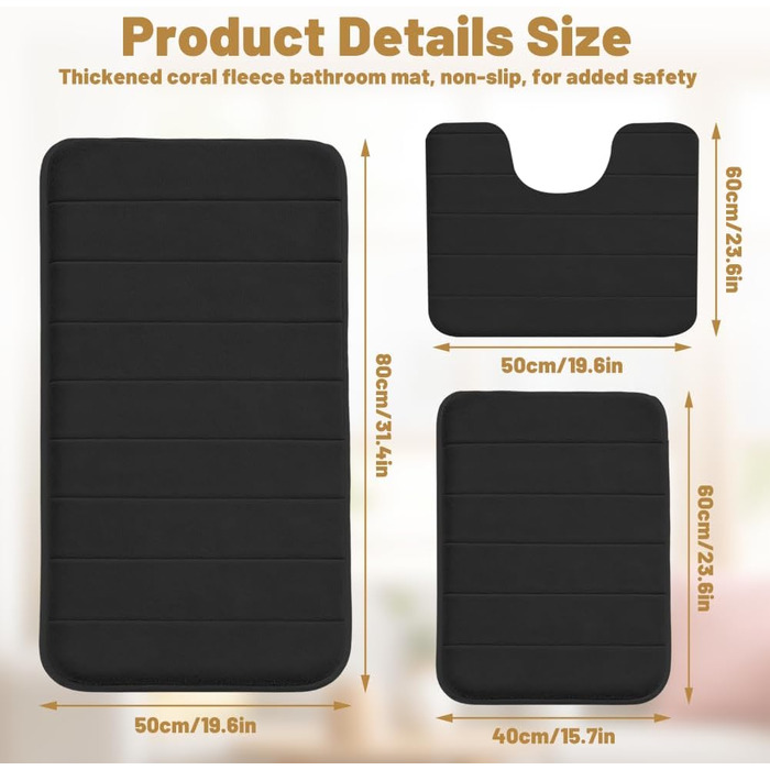 Комплект килимків для ванної кімнати, 3 предмети, чорний, килимок для ванної, що прається, нековзний килимок для ванної, матеріал з м&39якого коралового флісу, килимки для ванної, що швидко сохнуть, килимок для туалету, який можна прати в пральній машині