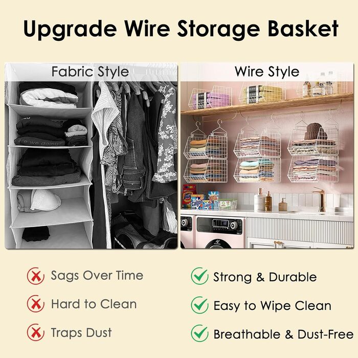 Металева підвісна полиця, 6 ярусів, штабелюваний органайзер для шафи, міцна та компактна підвісна полиця, ідеально підходить для студентських гуртожитків та кемперів, білий колір