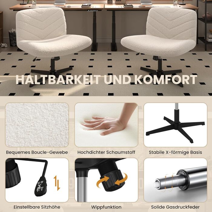Офісний стілець Yaheetech, стілець для роботи з широкою подушкою сидіння, регульований по висоті обертовий стілець із середньою спинкою, стілець зі схрещеними ногами для офісів та спалень, колір слонової кістки, без коліс