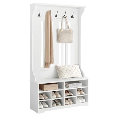 Вішалка для верхнього одягу VASAGLE з лавкою для взуття, шафа, місце для зберігання взуття, 5 потрійних гачків, окремостояча, компактна, для вхідної зони, коридору, регульовані полиці, хмарно-білий HSR404T10