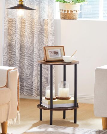 Круглий приставний столик, журнальний столик з 2 полицями, невелика тумбочка біля ліжка, журнальний столик в індустріальному стилі, для вітальні, спальні, вінтажний коричневий та чорний DTBZ01BF Вінтажний коричневий чорний 1