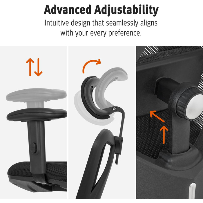 Ергономічне офісне крісло, регульоване робоче крісло з поперековою опорою та роликовими коліщатками, висока спинка, дихаюча сітчаста тканина, товста подушка сидіння, підголівник та підлокітники, чорний колір