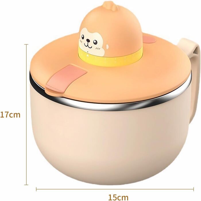 Миска для рамену з кришкою, велика миска для локшини швидкого приготування об&39ємом 1200 мл з таймером, миска для швидкого приготування з нержавіючої сталі 304 для локшини, бенто, обіду (Monkey)