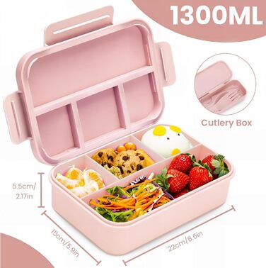 Ланчбокс Bugucat з роздільниками 1300 мл, дитячий контейнер для їжі, що не протікає, з 4 відділеннями. Бенто-бокс для дітей та дорослих, коробка для сніданку для хлопчиків та дівчаток, рожевий.