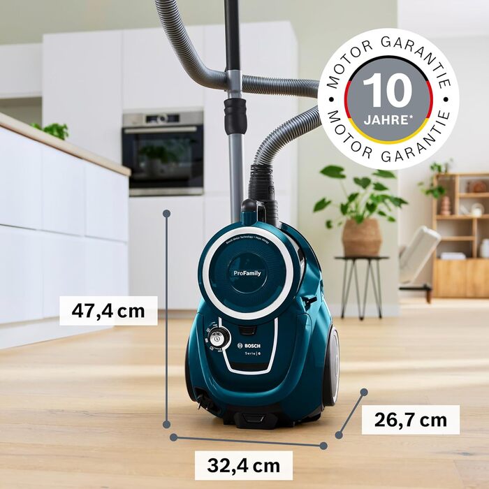 Безмішковий пилосос Bosch Serie 6 ProFamily BGC4FMLY гігієнічний фільтр для алергіків, 10 років гарантії на двигун, пастка для дрібних предметів, XXL-насадки для м'яких меблів та щілин, висока потужність, низький рівень шуму, 750 Вт, синій