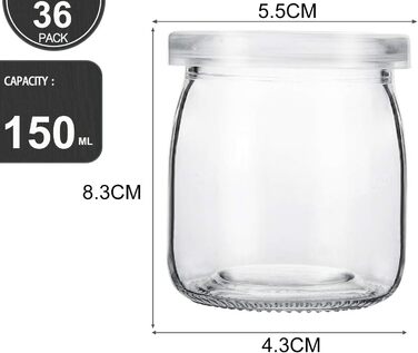 Банки для йогурту з кришками 150 мл, десертні банки з кришкою, йогуртові горщики з кришками для йогурту, десерту, пудингу, молока, варення, 36 шт.