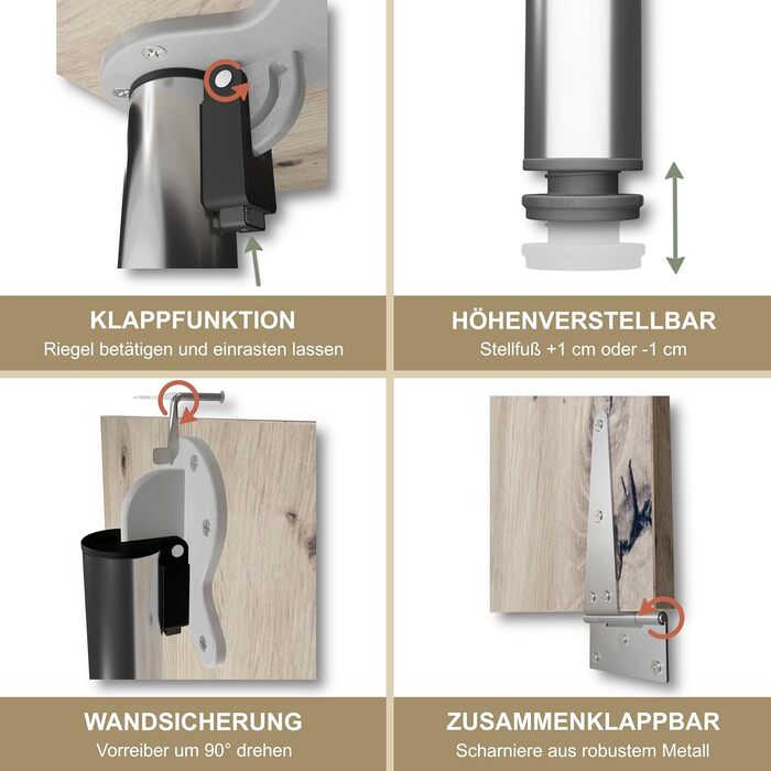 Настінний розкладний стіл KDR 80x50 см, сучковатий дуб розкладний стіл з хромованою ніжкою для настінного монтажу як обідній, письмовий або кухонний стіл висота 74 см