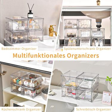 Акриловий органайзер для косметики, прозорий органайзер для шухляд у туалетному столику, штабелювана шухляда, шухляди для зберігання аксесуарів для туалетного столика, ванна кімната (4 шт.)