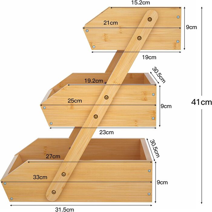 Бамбуковий кошик для фруктів, 3-рівнева миска для зберігання фруктів та овочів, ідеально підходить для кухонної стільниці, декоративне сховище для дому, коричневий, 3 яруси