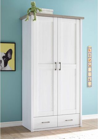 Елегантна шафа LUCA з 2 дверима для дитячої кімнати - Універсальна шафа з орними дверима та великим місцем для зберігання в кольорі &quotСосновий білий&quot / &quotТрюфель&quot - 106 x 201 x 55 см (Ш/В/Г)