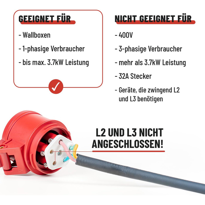 Перехідник ABSINA з вилки Schuko на розетку CEE 16A - Schuko на CEE як аксесуар для електромобіля - Schuko на CEE 16A 5-контактний з кабелем довжиною 60 см та захистом IP44 - кабель-адаптер 230 В 16 А