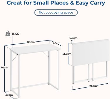 Складаний стіл Dripex, Складаний стіл 80 x 46 x 74 см, Невеликий складний комп&39ютерний стіл, Компактний стіл для домашнього офісу, кабінету, ПК (Білий - Потрібне складання)