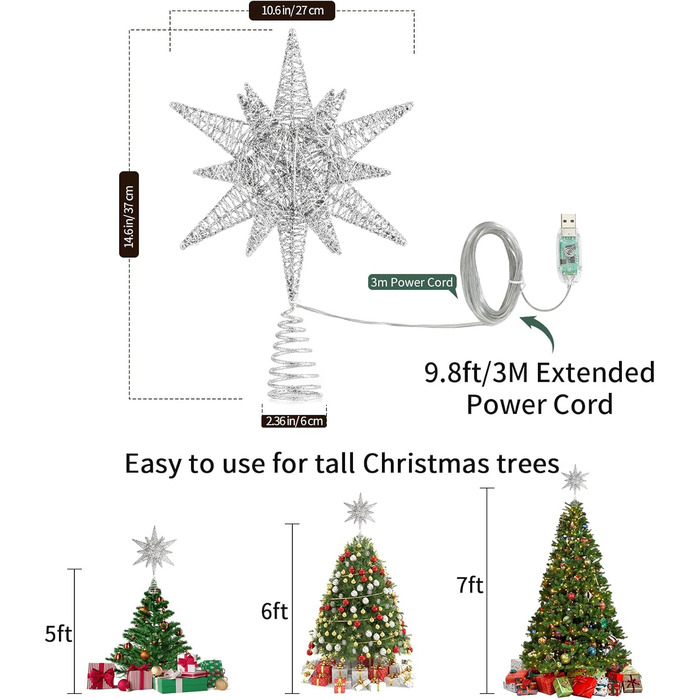 Різдвяна верхівка для ялинки зірка срібна Lewondr