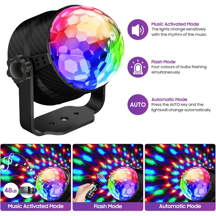 Диско-куля, диско-світло, що обертається на 360°, світлодіодна лампа для вечірки з музичною активацією, диско-світло з пультом дистанційного керування, динамічні світлові ефекти RGB потужністю 3 Вт, USB-кабель 4 м / 13 футів для вечірок, дому, Різдва, діт