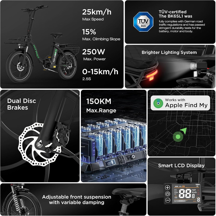 Електричний велосипед HITWAY E Bike BK6SL1-36V15.6Ah з двигуном 250 Вт, 20-дюймовий, запас ходу 70-150 км, 7 швидкостей, керування через додаток, складаний, водонепроникний педелецький велосипед IP54 SILVER