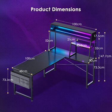 Г-подібний ігровий стіл Coleshome зі світлодіодним підсвічуванням, 130x100 см, кутовий стіл з полицями та кишенями для зберігання, двосторонній ігровий стіл для домашнього офісу та геймерів, чорний