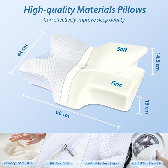 Ортопедична подушка HOMCA, подушка для шиї, подушка для голови з піни з ефектом пам&39яті, ергономічна подушка, доступні м&39які/жорсткі варіанти, знімна, для сну на спині, боці та животі, 60 * 44 * 13/14,5 см