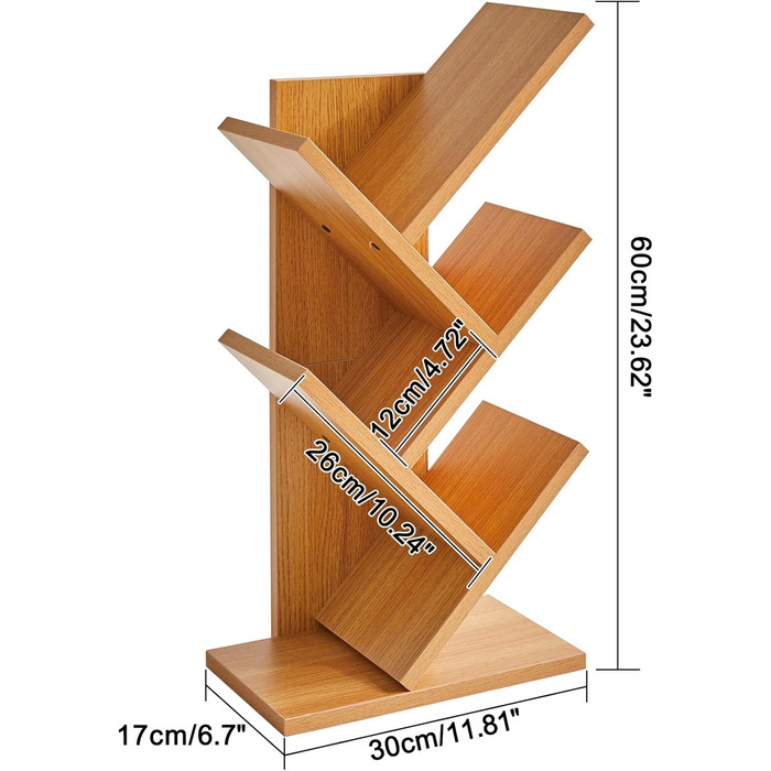 Книжкова полиця YMYNY у формі дерева, 4-рівнева перегородка для кімнати, сучасна дерев&39яна полиця для книг/фільмів/компакт-дисків, вузька підставка для спальні, домашнього офісу, натуральний колір HBC014N 60 см 4 яруси натурального кольору