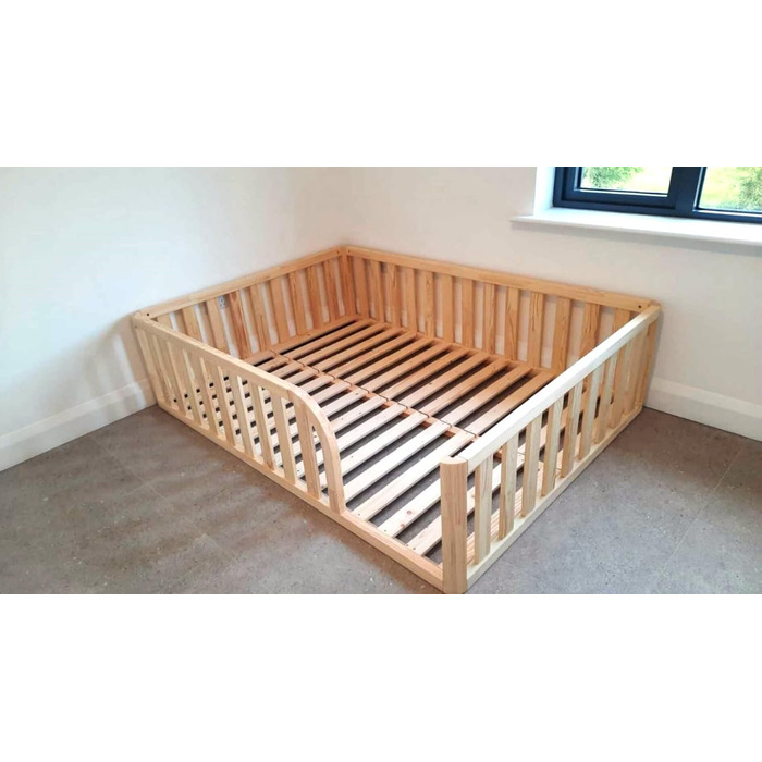 Ліжко Монтессорі, підлогове ліжко з рейковою основою, ліжко з захисними поручнями, дитяче ліжко, дерев&39яне ліжко з каркасом для хлопчиків та дівчаток, 160x90 см, натуральне дерево 160x90 см натуральне дерево - отвір для ліжка праворуч