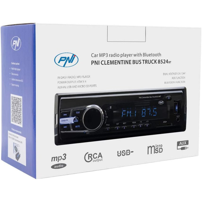 Радіо MP3 плеєр Автомобільний PNI Clementine Bus Truck 8524BT 4x45w, RDS, 12 В/24 В 1 DIN CU SD, USB, AUX, RCA SI Bluetooth 24 Вольт одинарний