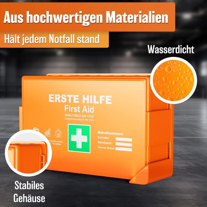 Аптечка HELDENWERK за новим стандартом DIN 131572021 з настінним кріпленням та наклейкамиУніверсальна аптечка для бізнесу, домогос