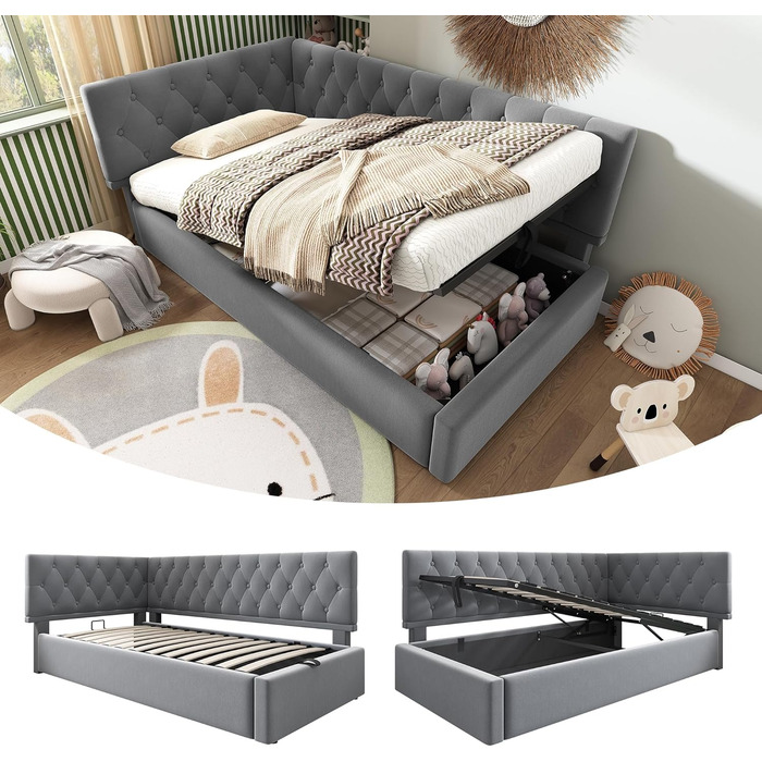 М&39яке ліжко, односпальне ліжко, дитяче ліжко 90x200 см, диван-ліжко/кушетка з гідравлічним відділенням для зберігання, кушетка/дитяче ліжко, каркас ліжка зі спинкою та рейковою основою з дерева, оксамит, без матраца (сірий)